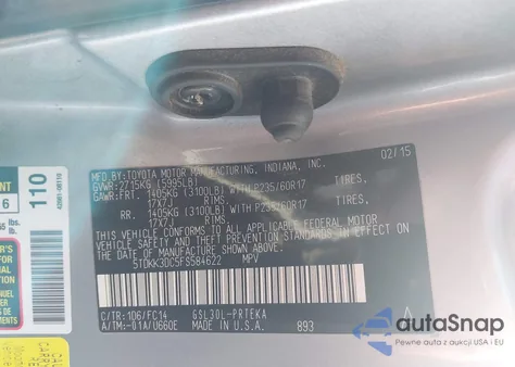 2015 Toyota Sienna Le 8 Passenger z USA, uszkodzony, nr VIN 5TDKK3DC5FS584622